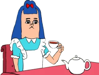 ☕️ alice in wonderland, tea party, cartoon, blue hair, dress, tea cup, teapot telegram sticker