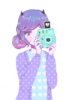 📸 gadis anime, kamera, pastel, patah hati, imut, kawaii, tanduk setan, ungu telegram sticker
