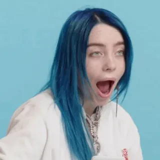 🌊 Billie Eilish Billie Eilish, piosenkarka, gwiazda pop, celebrytka, niebieskie włosy, otwarte usta, zszokowana telegram sticker