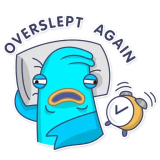 😞 OVERSLEPT AGAIN 늦잠, 졸린, 알람 시계, 피곤한, 만화, 게으른, 아침 telegram sticker