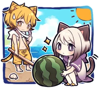 🍉 Anime, Chibi, Plage, Pastèque, Chat, Été, Sable, Kawaii whatsapp sticker