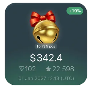 🔔 +19%
15 725 pcs
$342.4
102
22 598
01 Jan 2027 13:13 (UTC) 铃铛, 叮当铃, 圣诞节, 礼物, 装饰品, 价格, 价值 telegram sticker