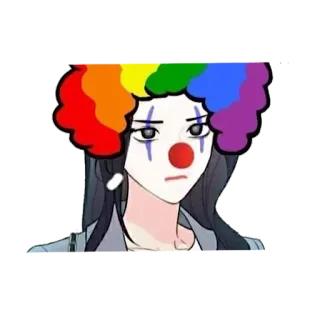 🤡 광대, 여자, 화려한 가발, 메이크업, 실망한, 만화 telegram sticker