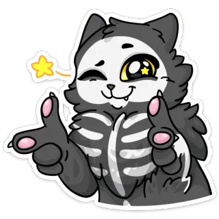 😉 gato, esqueleto, lindo, dibujos animados, animal, peludo, estrella whatsapp sticker