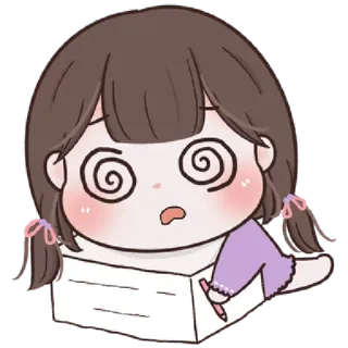🥨 stanco, esausto, stordito, cartone animato, ragazza, pila di fogli, sopraffatto telegram sticker