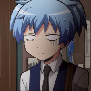 🦕 Nagisa Shiota Assassination Classroom anime, boy, blue hair, tired, bored, school uniform telegram sticker