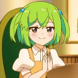 👏 @ix_fox ragazza anime, carina, capelli verdi, sorridente, seduta telegram sticker