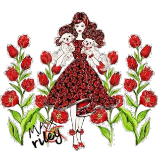 🌹 Frau, Hunde, Blumen, Kleid, Rot, Tulpen telegram sticker
