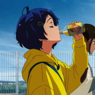 🍺 Ai Ohto Wonder Egg Priority anime, girl, drink, yellow hoodie, japanese animation telegram sticker