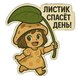 🥰 ЛИСТИК СПАСЁТ ДЕНЬ! dessin animé, feuille, champignon, autocollant, mignon, joyeux telegram sticker