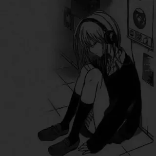 🖤 Anime Mädchen, Kopfhörer, Sitzend, Traurig, Einsam telegram sticker