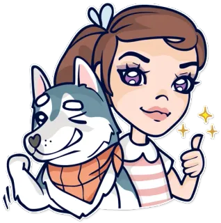 👍 chica, perro, husky, pulgares arriba, dibujos animados, amistad, positivo, feliz telegram sticker