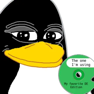 😏 Tux The one I'm using
My favorite DE Edition linux, pinguim, sistema operacional, computador, software telegram sticker