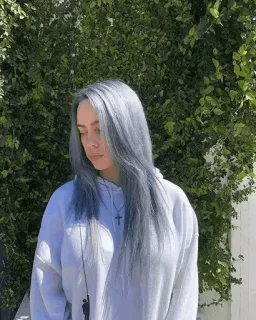 💚 Billie Eilish billie eilish, cantante, celebrità, capelli grigi, collana croce, pop star telegram sticker