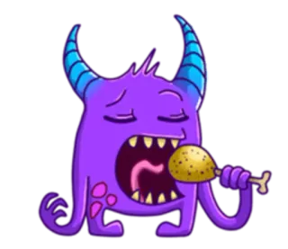 🍗 Monster, essen, Hähnchen, Cartoon, lila, Hörner, hungrig whatsapp sticker