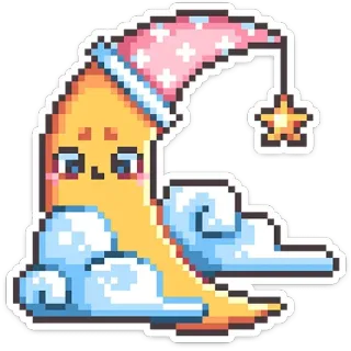 😴 mặt trăng, ngủ, mây, sao, dễ thương, pixel art telegram sticker
