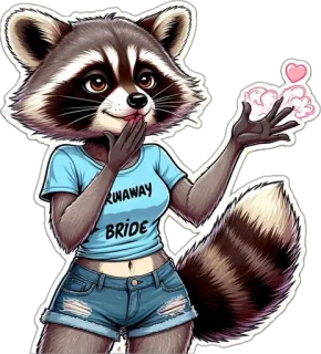 🤩 RUNAWAY BRIDE Waschbär, Braut, Ausreißerbraut, Tier, Cartoon, Anthropomorph, Hochzeit telegram sticker
