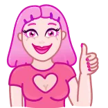 👍 kartun, wanita, merah muda, hati, jempol ke atas telegram sticker