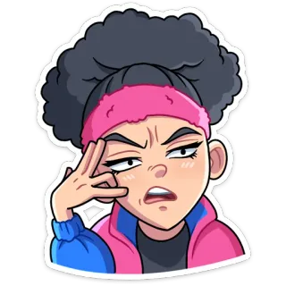 🤨 cartoon, sticker, woman, pink, thinking, annoyed telegram sticker