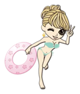 ✌ kartun, wanita, baju renang, imut, simbol perdamaian, ban pelampung, pantai, musim panas telegram sticker