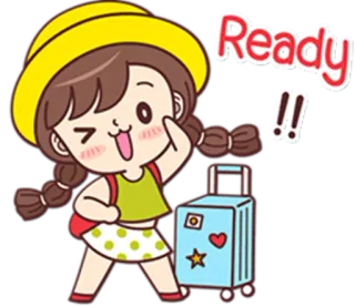 👜 Ready!! Dibujo animado, Chica, Viajes, Maleta, Amarillo, Lindo, Feliz, Lista telegram sticker