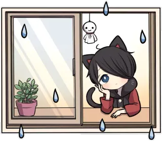 🙁 Anime, Hari hujan, Telinga kucing, Jendela, Kawaii, Lucu telegram sticker