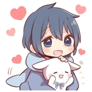 🌟 Anime, Kawaii, Słodkie, Kreskówka, Chibi, Chłopak, Serca, Biały telegram sticker
