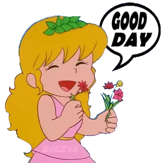 😀 GOOD DAY buen día, flores, saludo, dibujos animados, niña, feliz telegram sticker