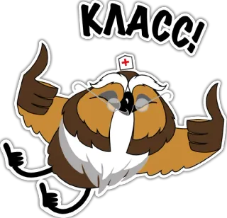 👍 КЛАСС! นกฮูก, พยาบาล, ยกนิ้วโป้ง, คิดบวก, การ์ตูน, แว่นตา, รัสเซีย telegram sticker