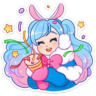 🥳 Anime, Dziewczyna, Kreskówka, Królik, Konfetti, Słodkie, Święto telegram sticker