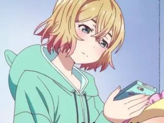😔 anime, girl, hoodie, smartphone, cute whatsapp sticker