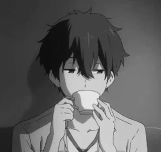 🕸 Anime, Menino, Chá, Bebendo, Monocromático telegram sticker