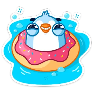 ☺️ pingüino, dona, flotador, lindo, divertido, dibujos animados, agua, nadar telegram sticker