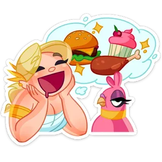 😔 woman, bird, food, burger, cupcake, chicken, dreaming, cartoon telegram sticker