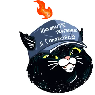 😒 ПРОЯВИТЕ ТЕРПЕНИЕ 
Я ГОЛОВОРЕЗ 猫, 耐心, 强盗, 黑猫, 帽子, 俄文文本, 贴纸 telegram sticker