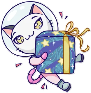 🎁 gato, astronauta, regalo, presente, espacio, lindo, dibujos animados, estrellas whatsapp sticker