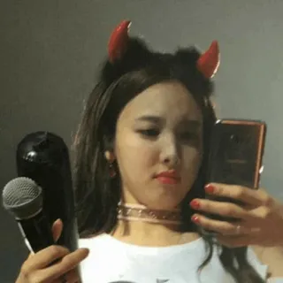 😐 woman, selfie, devil horns, microphone, kpop, idol telegram sticker