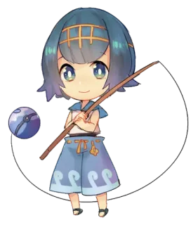😊 Lana Pokémon Pokémon, Lana, canne à pêche, eau, fille anime, mignon, chibi, jeu vidéo telegram sticker