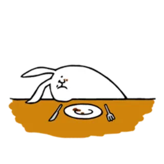😌 lapin, manger, table, nourriture, dessin animé, illustration, lapinou whatsapp sticker