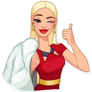 👍 женщина, блондинка, большой палец вверх, позитив, мода, шуба, одобрение, подмигивание telegram sticker