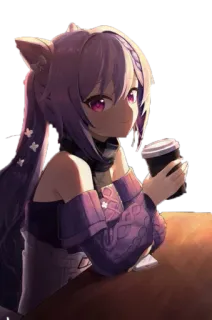 ☕️ Keqing Genshin Impact Anime, Mädchen, Keqing, Genshin Impact, lila Haare, Kaffee whatsapp sticker