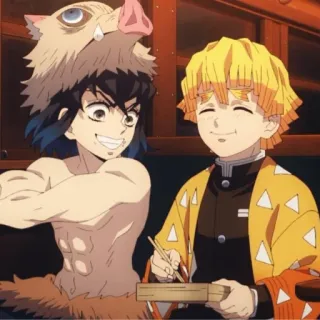 ☺️ Inosuke Hashibira Demon Slayer Anime, Manga, Demon Slayer, Inosuke, Zenitsu, Manger, Sourire, Personnage telegram sticker