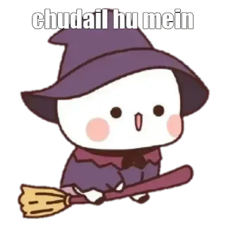 👻 chudail hu mein sorcière, dessin animé, halloween, balai, mignon, fantôme whatsapp sticker
