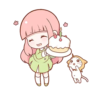 😌 Cartone animato, Chibi, Ragazza, Torta, Compleanno, Gatto, Kawaii telegram sticker