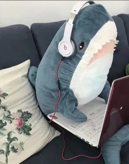 🎧 shark, plush, headphones, laptop, cute, toy, animal, funny whatsapp sticker