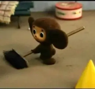 🧹 Cheburashka Gena the Crocodile Cheburashka, cleaning, sweeping, cartoon, Soviet animation, cute, stop motion telegram sticker