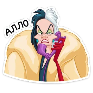 ☎️ Cruella de Vil 101 Dalmatians Алло Cruella de Vil, Disney, villano, dibujos animados, 101 dálmatas, llamada whatsapp sticker