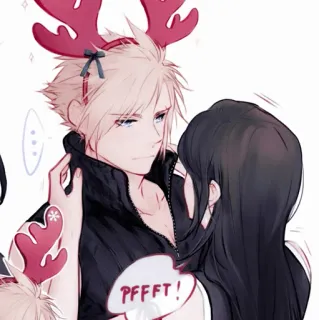 🥢 Cloud Strife Final Fantasy VII PFFFT! anime, cartoon, reindeer, christmas, holiday, final fantasy, cloud strife, tifa lockhart, couple telegram sticker