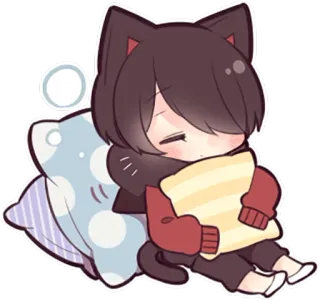 😴 gatto, cuscino, assonnato, carino, anime, orecchie da gatto whatsapp sticker