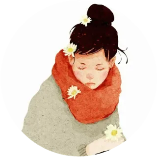 😌 Mädchen, Blumen, Porträt, Illustration, Schal, friedlich, Gänseblümchen whatsapp sticker